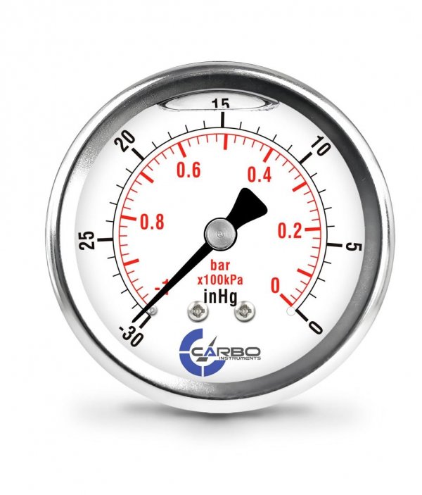 CARBO Instruments Vacuum Pressure Gauge 0 to -30 inHg, Glycerin Liquid Filled, 2.5" Dial, 1/4 NPT Back Mount, 304 Stainless Steel Case, Brass Wetted Parts, Dual Scale inHg/Bar - ASME B40.1 Grade A