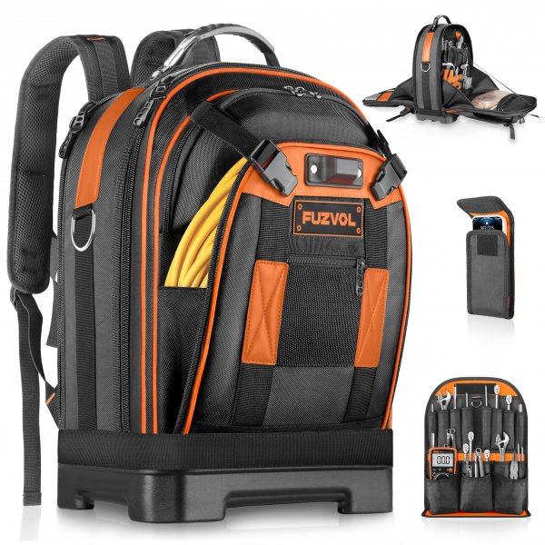 FUZVOL Heavy Duty Tool Backpack, 18-Inch Hard Shell Electrician Tool Bag, Full-Open Work Bag with Molded Base, Removable Tool Organizer, Laptop Compartment, HVAC Construction Backpack for Men, Orange