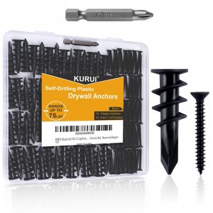 KURUI 140PCs #8 Self Drilling Drywall Anchors, Heavy Duty Dry Wall Anchors and Flat Head Screws Kit, 75LB Hanging for Picture Frames, Wall Decor Art and Curtain Rods, Sheetrock Hangers - Black