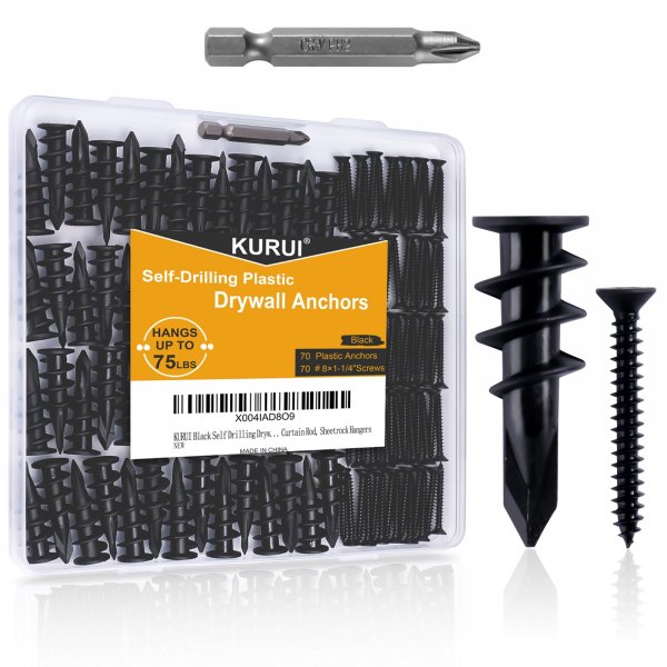 KURUI 140PCs #8 Self Drilling Drywall Anchors, Heavy Duty Dry Wall Anchors and Flat Head Screws Kit, 75LB Hanging for Picture Frames, Wall Decor Art and Curtain Rods, Sheetrock Hangers - Black