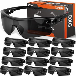 OXG 12 Pack Tinted Safety Glasses for Men and Women, ANSI Z87.1 Work Glasses Scratch Impact Resistant Lens UV400 Protective Eyewear