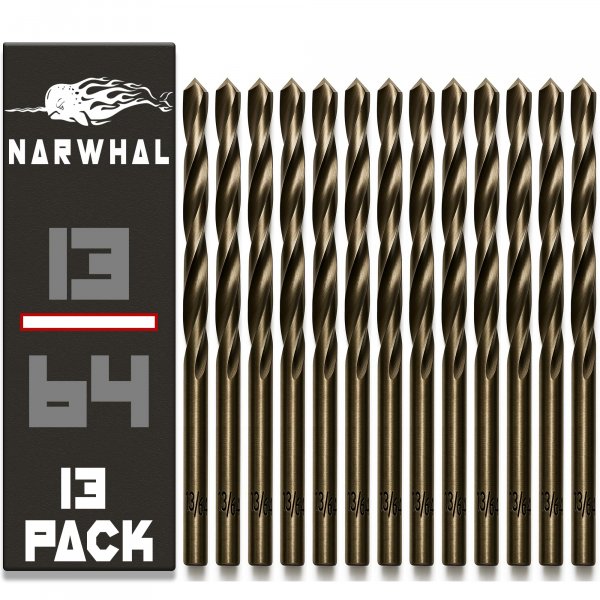 Narwhal 13/64" Inch Cobalt Drill Bits (13 Pack - Industrial Grade M35 Cobalt) 3-1/2" Inch Length & 135 Degree Split Point for Drilling Into Metal, Hardened & Stainless Steel, Cast Iron, & More!