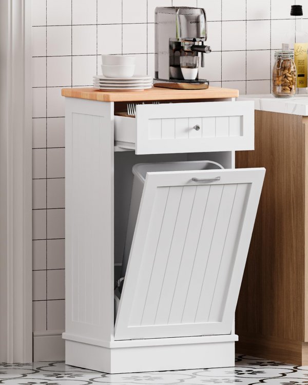 Betterhood 10 Gallon Tilt Out Trash Cabinet with Big Storage Drawer, Solid Wooden Trash Garbage Can Cabinet, Mid-Century Modern Recycling Cabinet & Laundry Sorter for Kitchen Dining Room, White
