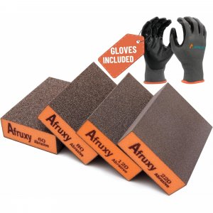 Sanding Sponge, 60/80/120/220 Grit 4-Pack with Protective Gloves, Coarse Fine Medium Grit Sanding Block, Reusable Dry Wet Sanding Blocks for Wood, Drywall,Metal, Fine Sandpaper Sand Block by Afruxy