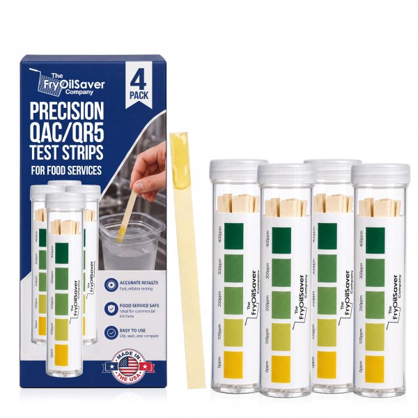 400 Pack Quat Sanitizer Test Strips for Sanitizing Solution – Quaternary Food Service Test Kit for Restaurant Kitchen - QAC QR5 0-500 ppm - 4 x 100-Strip Vials (4 Pack) by FryOilSaver Co.