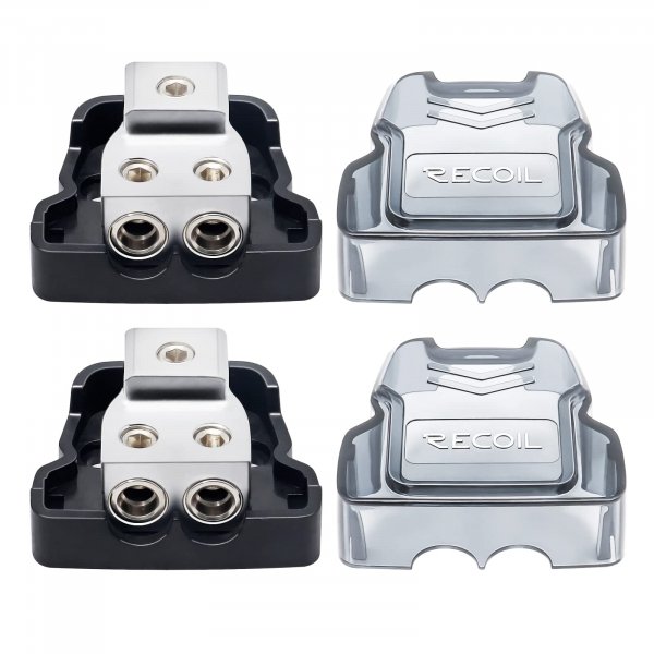 RECOIL 2-Way Power Distribution Block, 1 X 0/2/4 Gauge in / 2 X 4/8 Gauge Out Power Distribution Ground Distributor Block for Car Audio Amplifier Splitter 2 Pack