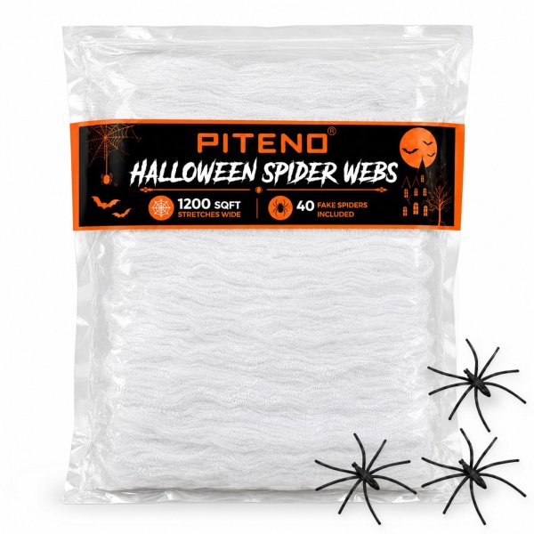 Piteno® 1200 sqft Spider Webs Halloween Decorations with 40 Fake Spiders, Stretchable Halloween Spider Webs for Indoor Outdoor Haunted House Yard Porch Party Decor (White)