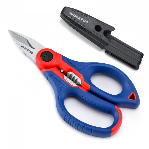 WORKPRO Stainless Electricians Scissors, 6.4" Professional Electrician Shears with Wire Stripper for Soft Cable (Not Suitable for Diving Use)