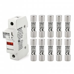 Baomain RT18-32 Fuse Holder Base with 10x5A Ceramic Fuses (10x38mm) – 1 Pole DIN Rail Mount, LED Indicator, CE Certified (5 Amp)