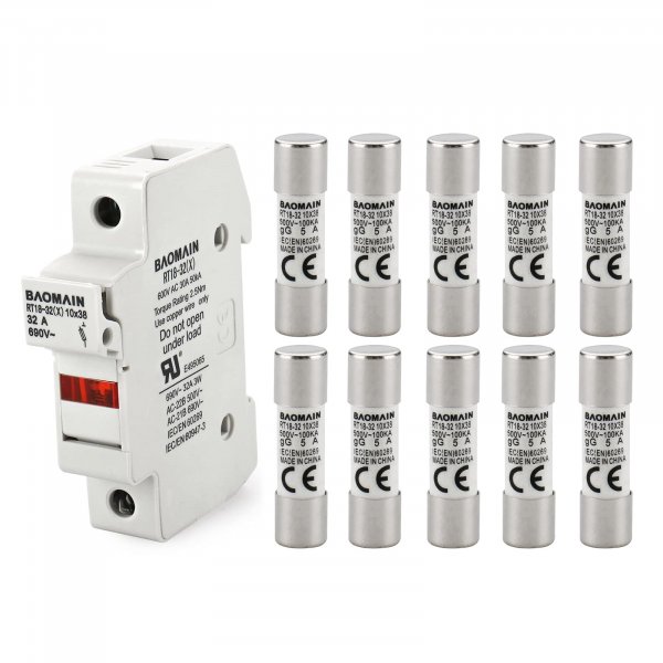 Baomain RT18-32 Fuse Holder Base with 10x5A Ceramic Fuses (10x38mm) – 1 Pole DIN Rail Mount, LED Indicator, CE Certified (5 Amp)