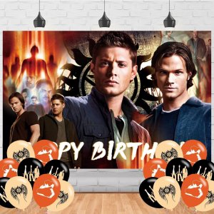 Super and Natural Birthday Party Backdrop,Super and Natural Party Decoration,Tv Show Themed Happy Birthday Banner Shoot Photo Backgrounds Props for Boys and Girls Party 5x3ft