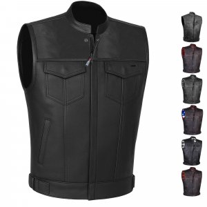 SOA Motorcycle Vest for Men, Premium Buffalo Leather, Back Armor, Inside Pockets, Biker Riding Club Vests Black L
