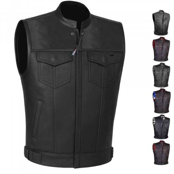 SOA Motorcycle Vest for Men, Premium Buffalo Leather, Back Armor, Inside Pockets, Biker Riding Club Vests Black L
