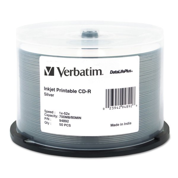 Verbatim 94892 80-Minute/700MB 52x Silver Inkjet Printable CD-Rs, 50ct