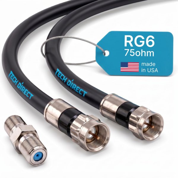 TechDirect 3FT RG6 Coaxial Cable Black - High Speed Internet, Cable TV, Antenna, Satellite Broadband Low Resistance RG6 Coax Cable Cord Low Loss TV Cable Extension Wire with Connectors Extra-Durable