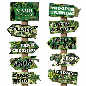 Hooqict 20 Pieces Camo Party Signs Army Birthday Party Decorations Camouflage Military Birthday Party Supplies for Boys Men Army Themed Directional Sign