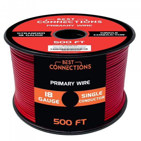 BEST CONNECTIONS Automotive Primary Wire - 500ft (Various Color Options) | Ideal for Trailer, Speaker, and Lighting Circuits | Durable Primary/Remote, Power/Ground Electrical Wiring (Red, 18 Gauge)