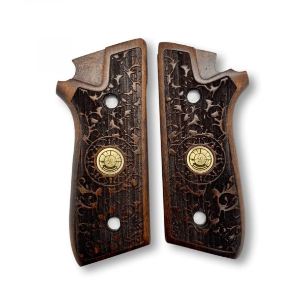 Zib Grips for Taurus PT59, PT92, PT99, PT100, PT101, PT917 Wooden Grips, Smooth Grips Handmade Birthday Newyear Sport for Men & Veterans (Taurus Grips - Ethnic Pattern Dark Brown)