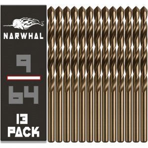 Narwhal 9/64 Inch Cobalt Drill Bits (13 Pack - Industrial Grade M35 Cobalt) 2-3/4" Length & 135 Degree Split Point for Drilling Into Metal, Hardened & Stainless Steel, Cast Iron, & More!
