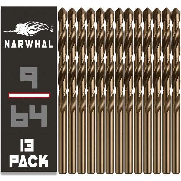 Narwhal 9/64 Inch Cobalt Drill Bits (13 Pack - Industrial Grade M35 Cobalt) 2-3/4" Length & 135 Degree Split Point for Drilling Into Metal, Hardened & Stainless Steel, Cast Iron, & More!