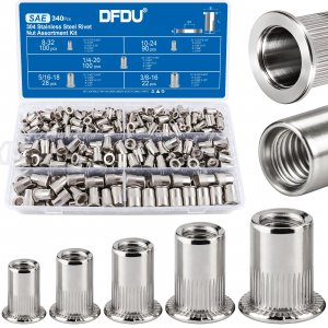 DFDU 340Pcs Rivet Nut Assortment Kit, SAE Rivnut Set #8-32#10-24 1/4"-20 5/16"-18 3/8"-16 UNC 304 Stainless Steel Nutsert Flat Head Knurled Body Threaded Inserts for Metal, Automotive, DIY