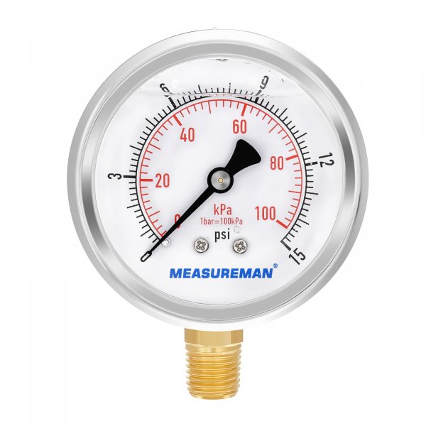 MEASUREMAN 2-1/2inch Dial Size, Glycerin Filled Pressure Gauge, 0-15psi/100kpa, 304 Stainless Steel Case, 1/4inch NPT Lower Mount