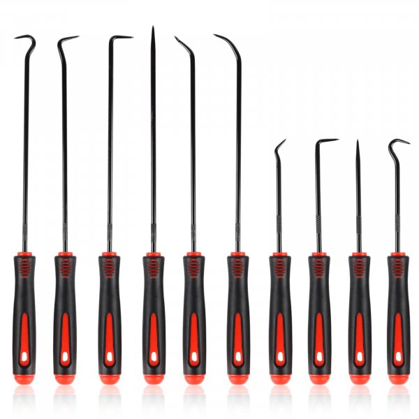 Rindion 10PCS Pick Set Mechanic, Hook and Pick Tool Set with Non-Slip Grip, Long & Mini Automotive Pick Set for O-Ring, Seal & Gasket Removal, Car Repair, Mechanical and DIY Use(Red)