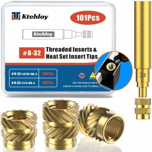 Ktehloy 101Pcs #8-32 Threaded Inserts, Female Thread SAE Knurled Nuts Assortment Kit, Brass Heat Set Insert for Plastic and 3D Printing Components(#8-32, L1/4×D6.3 and L5/16×D6.3)