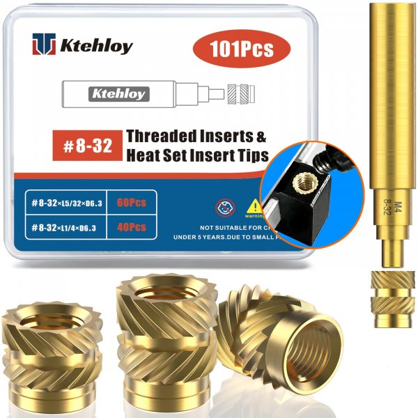 Ktehloy 101Pcs #8-32 Threaded Inserts, Female Thread SAE Knurled Nuts Assortment Kit, Brass Heat Set Insert for Plastic and 3D Printing Components(#8-32, L1/4×D6.3 and L5/16×D6.3)