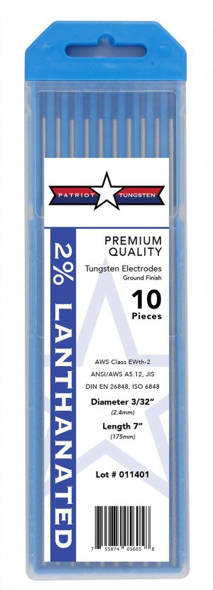 Patriot Tungsten TIG Welding Electrodes 2% Lanthanated WL20 (EWLa-2) Blue 3/32" 10 Pack