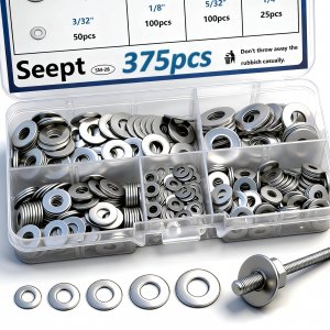 Seept 375PCS Silver Pop Rivet washers Assortment kit for Pop Rivets Diameter 3/32",1/8",5/32",3/16", 1/4" 304 Stainless Steel pop Rivet Washer Aluminum pop Rivet washers Blind Rivet Washer