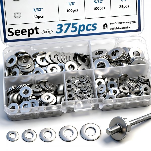 Seept 375PCS Silver Pop Rivet washers Assortment kit for Pop Rivets Diameter 3/32",1/8",5/32",3/16", 1/4" 304 Stainless Steel pop Rivet Washer Aluminum pop Rivet washers Blind Rivet Washer