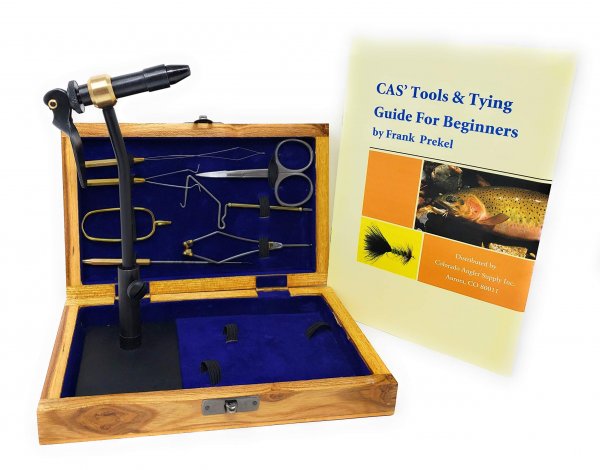 Colorado Anglers Fly Tying Standard Tool Kit with Wooden Box & Book, Rotary Vise, Bobbin, Scissors, Whip Finisher, Complete Set for Beginners & Pros