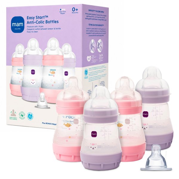 MAM 5oz Easy Start Anti-Colic+ Vented Baby Bottle, 0+ Month, 4 Pack, Girl