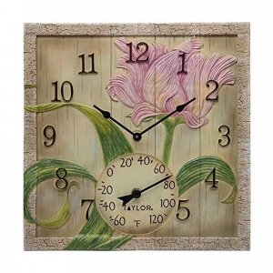 Taylor Precision Prod. 92691T 14"x 14" Beachwood Flower Clock w/Thermometer