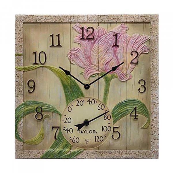 Taylor Precision Prod. 92691T 14"x 14" Beachwood Flower Clock w/Thermometer