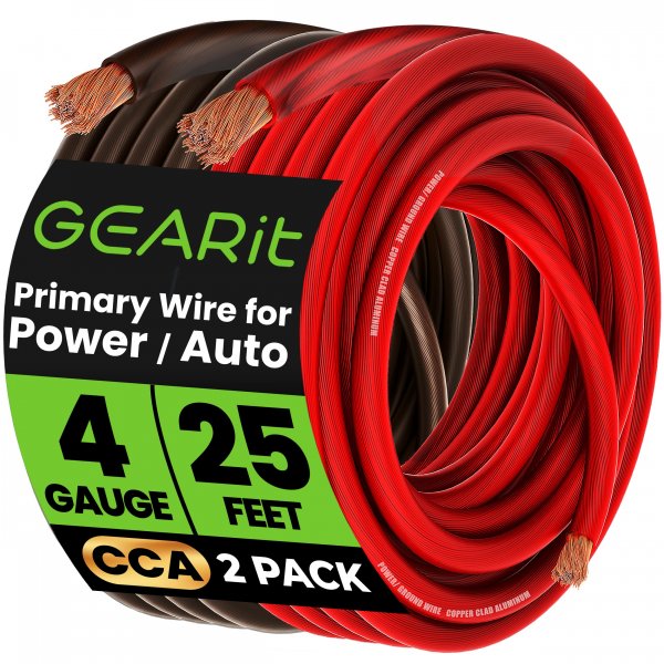 GEARit 4 Gauge Wire, CCA Electrical Wire Extension Cord for Automotive Power/Ground, Battery Cable, Car Audio, RV, Amp Wiring Kit, (25 feet Each- Black/Red Translucent)