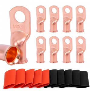 Sanuke 10pcs 1/0 AWG-3/8(M10) Copper Lugs, 0 Gauge Ring Terminals, Heavy Duty Wire Connectors with 3:1 Heat Shrink Tubing(UL Listed), Electrical Battery Cable Ends for Marine, Automotive, RV