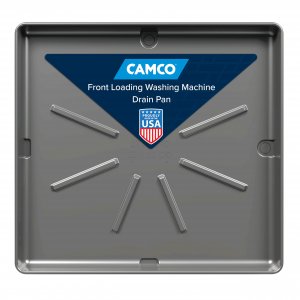 Camco Low Profile Washing Machine Drain Pan with PVC Fitting, 29 inch x 33 inch ID and 31 inch x 35 inch OD - Protects Your Floors from Washing Machine Leaks - Easy to Use - Pewter - 20788