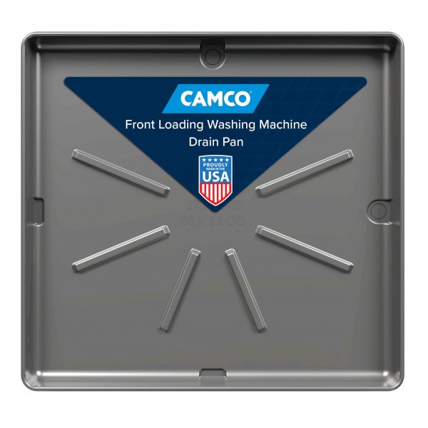 Camco Low Profile Washing Machine Drain Pan with PVC Fitting, 29 inch x 33 inch ID and 31 inch x 35 inch OD - Protects Your Floors from Washing Machine Leaks - Easy to Use - Pewter - 20788
