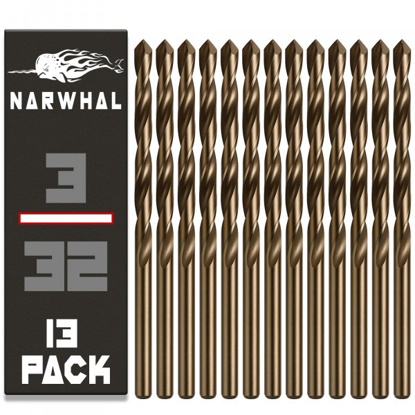 Narwhal 3/32 Inch Cobalt Drill Bits (13 Pack - Industrial Grade M35 Cobalt) 2-1/4" Length & 135 Degree Split Point for Drilling Into Metal, Hardened & Stainless Steel, Cast Iron, & More!