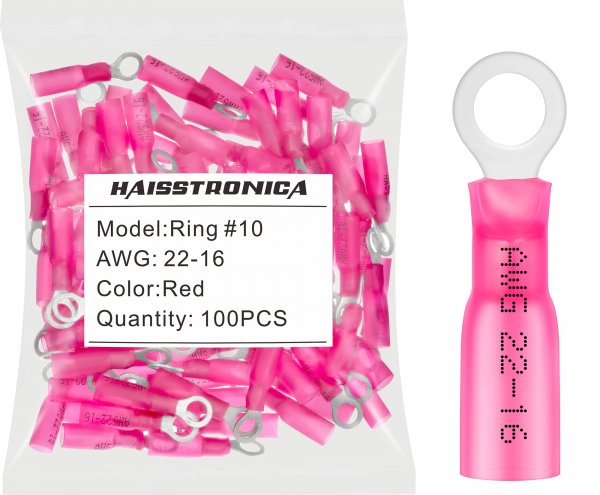 haisstronica 100PCS Heat Shrink Ring Terminals, 22-16 AWG, #10, Red
