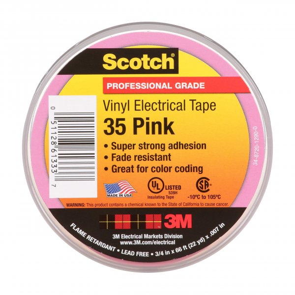 3M Scotch Electrical Tape 35, 3/4 in x 66 ft, 1 Roll, Pink