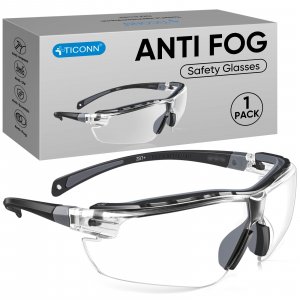 TICONN Anti-Fog Safety Glasses for Men and Women, ANSI Z87.1 Scratch Proof Eye Goggles with Adjustable Arms and UV Protection (Clear, 1PK)