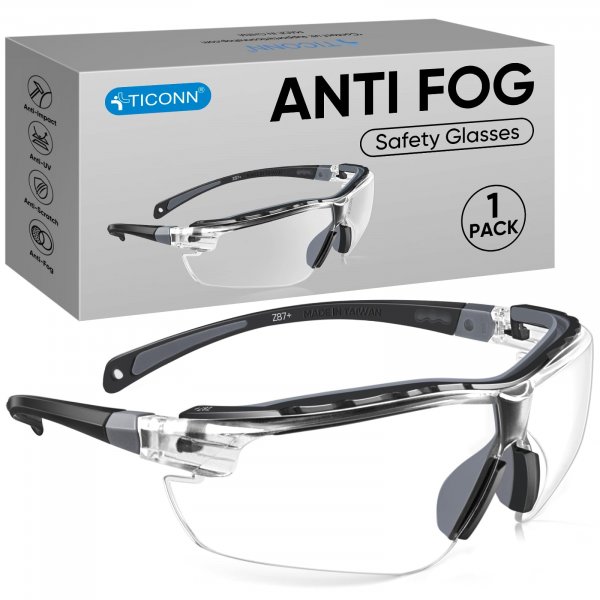 TICONN Anti-Fog Safety Glasses for Men and Women, ANSI Z87.1 Scratch Proof Eye Goggles with Adjustable Arms and UV Protection (Clear, 1PK)