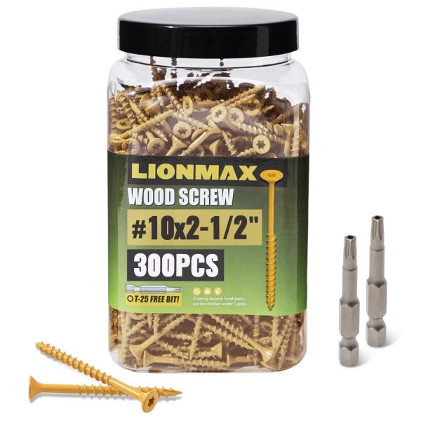LIONMAX Deck Screws 2-1/2 Inch, Wood Screws #10 x 2-1/2", 300 PCS, Tan