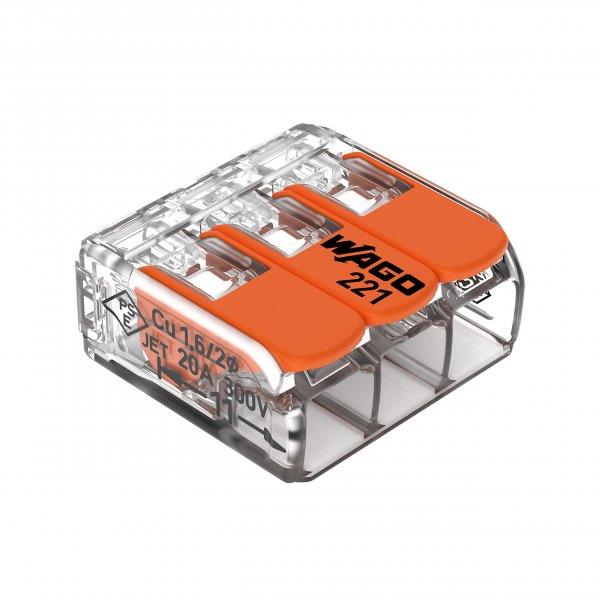 221-413 | WAGO Lever-Nuts® Splicing Connector | for Solid and Stranded Conductors | 3-Conductor with Operating levers | 24-12 AWG | Transparent housing | [Box of 50 Pieces]