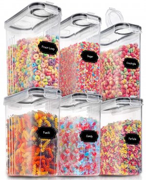 PRAKI Large Dry Food Storage Containers with Lids, 6PCS Airtight Cereal Containers Storage Set, Leak-proof Canister Set for Kitchen Pantry Organization with 20 Labels & Marker (4L Black)