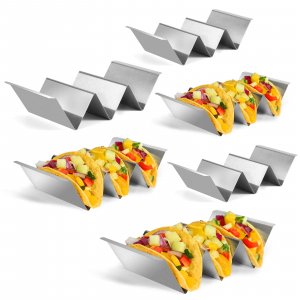 Taco Holders Set of 6, Taco Stand, Stainless Steel Taco Holder, with Easy-Access Handle, Each Can Hold 2 To 3 Tortillas, Oven Safe for Baking, Dishwasher Safety