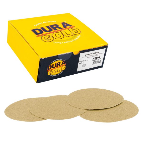 Dura-Gold Premium 6" Gold Sanding Discs, 80 Grit, Hook & Loop, Box of 50